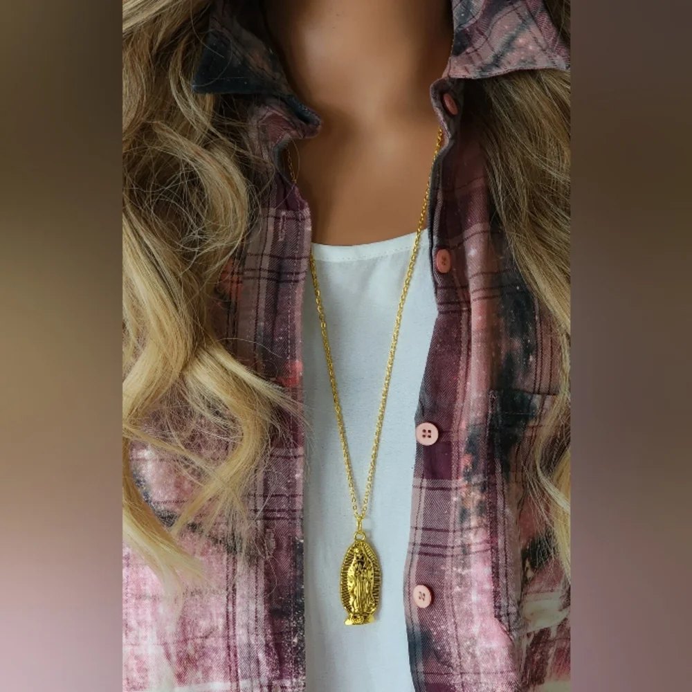 Large Our Lady of Guadalupe' Gold Medallion Long Chain Magnolia Rose